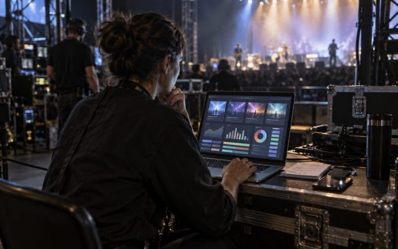 Promotora consulta las ventas de varios eventos desde un portátil junto al escenario