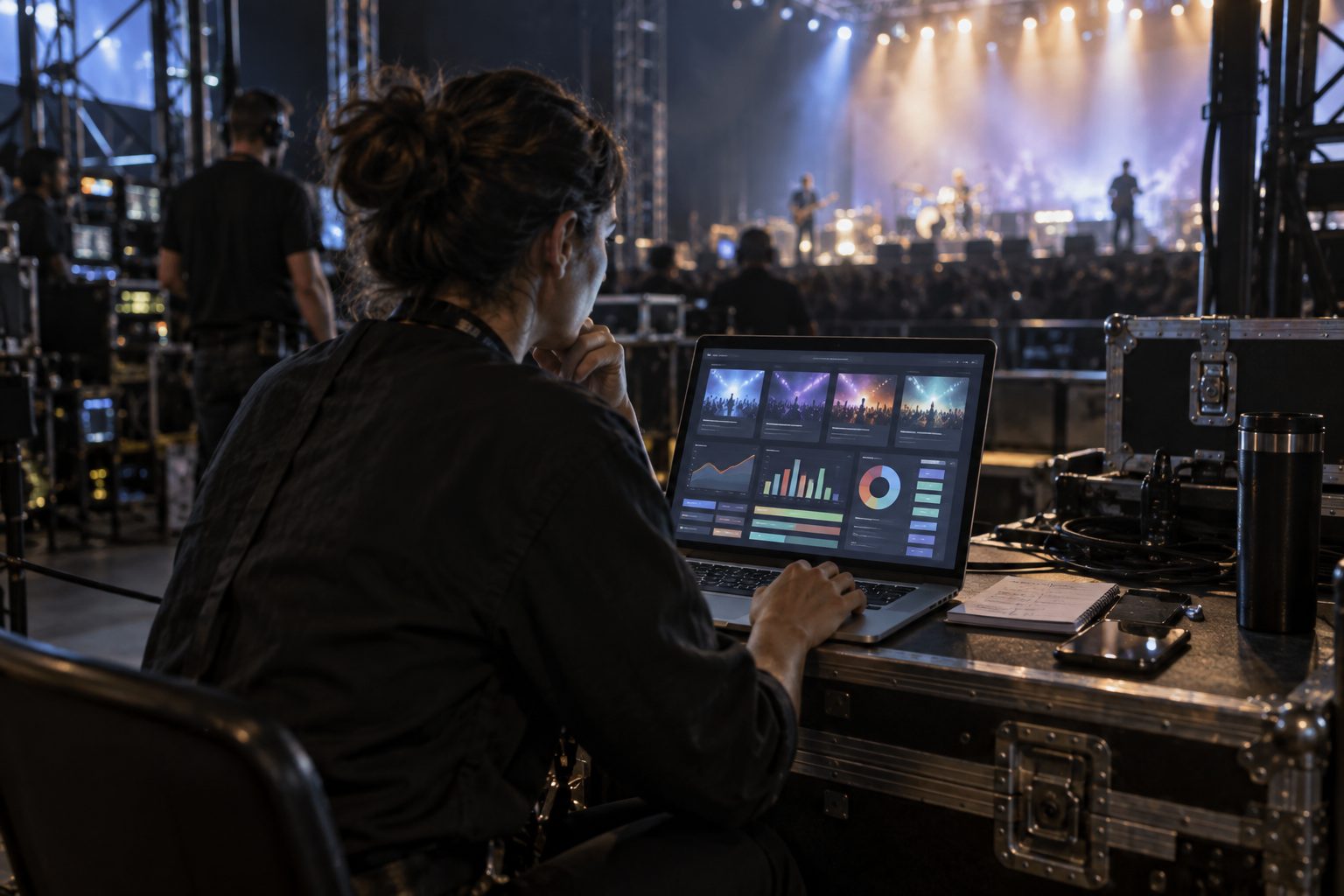 Promotora consulta las ventas de varios eventos desde un portátil junto al escenario