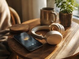 Auriculares y teléfono en una escena doméstica dedicada a la música