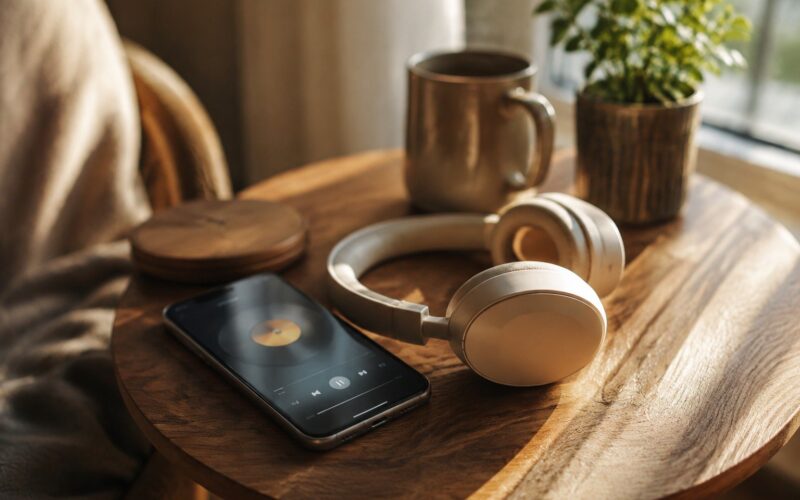Auriculares y teléfono en una escena doméstica dedicada a la música