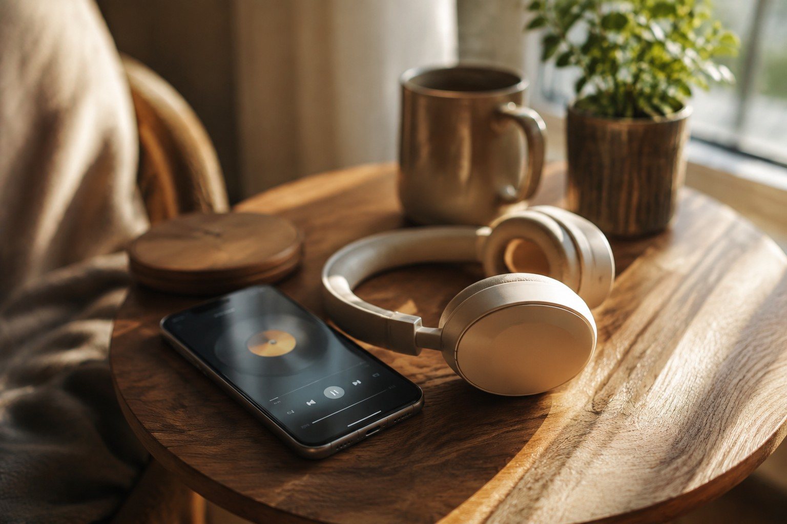 Auriculares y teléfono en una escena doméstica dedicada a la música