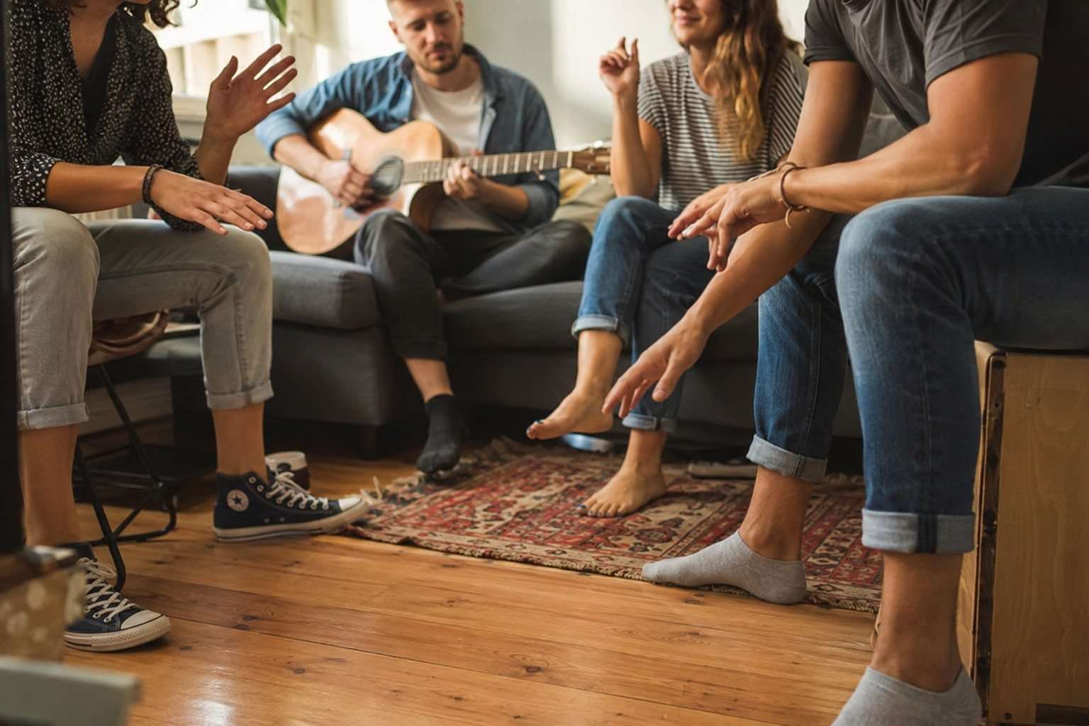 Grupo de amigos marcando el ritmo mientras escucha música