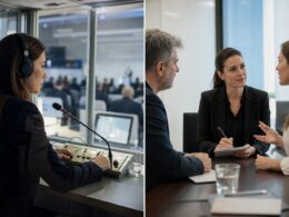 Comparación entre una intérprete en cabina y otra tomando notas en una reunión