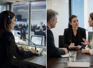 Comparación entre una intérprete en cabina y otra tomando notas en una reunión