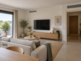 Salón con dos rejillas altas de climatización y mobiliario separado de sus aberturas