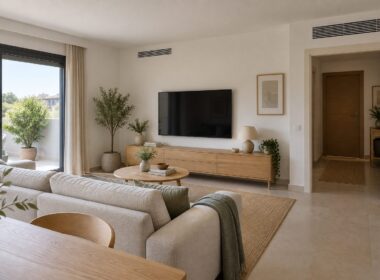 Salón con dos rejillas altas de climatización y mobiliario separado de sus aberturas