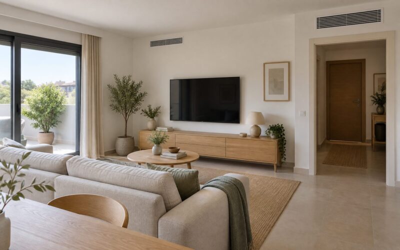 Salón con dos rejillas altas de climatización y mobiliario separado de sus aberturas