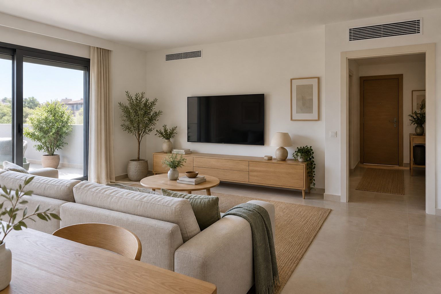 Salón con dos rejillas altas de climatización y mobiliario separado de sus aberturas