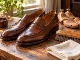 Mocasines de piel marrón con cepillo, paño y hormas de madera para su cuidado