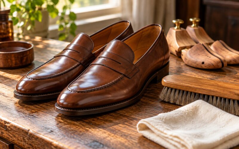 Mocasines de piel marrón con cepillo, paño y hormas de madera para su cuidado