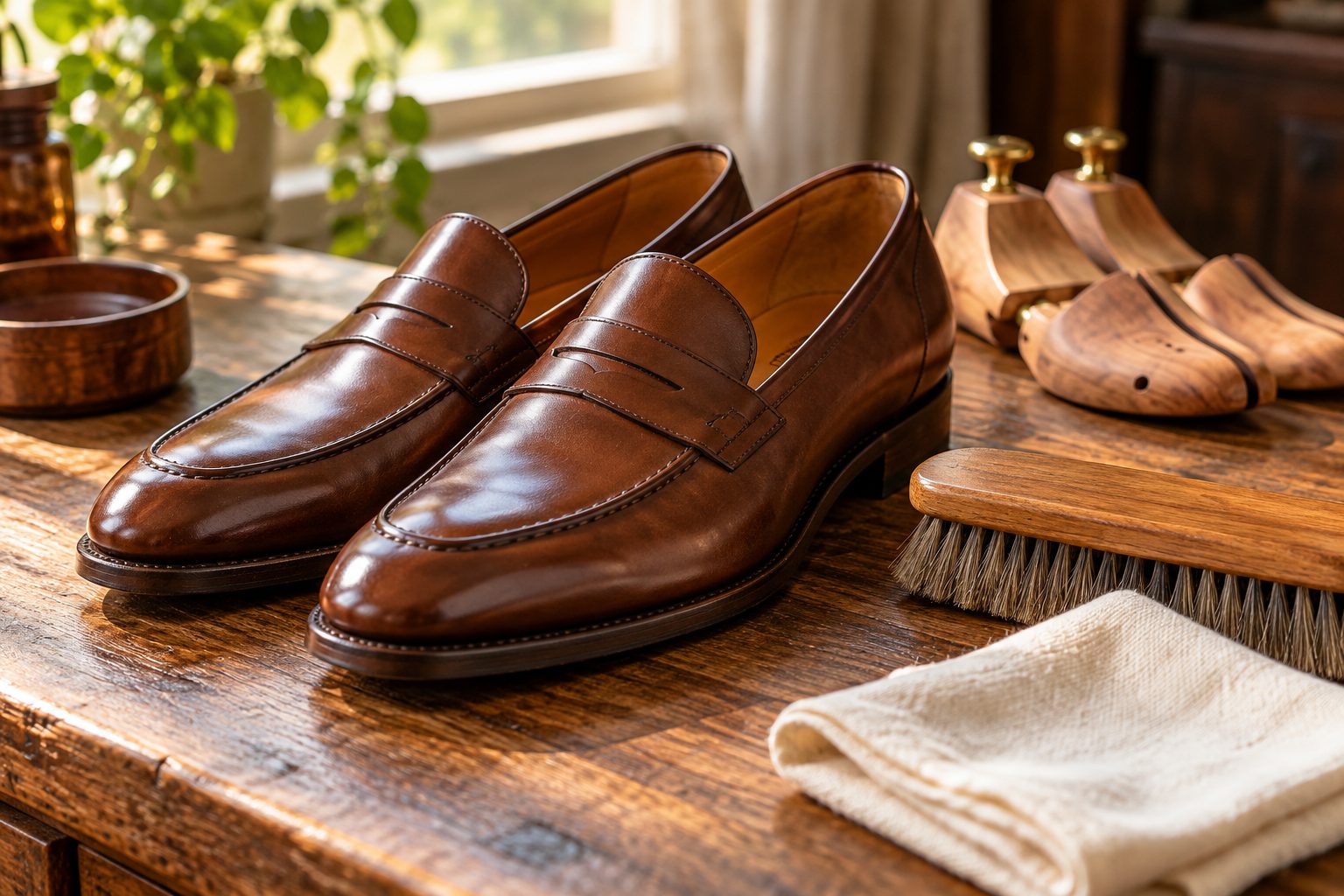 Mocasines de piel marrón con cepillo, paño y hormas de madera para su cuidado