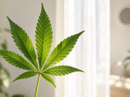 Hoja verde de cannabis con nervaduras visibles en un interior luminoso