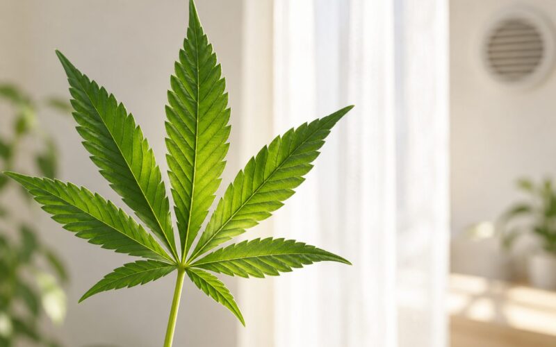 Hoja verde de cannabis con nervaduras visibles en un interior luminoso