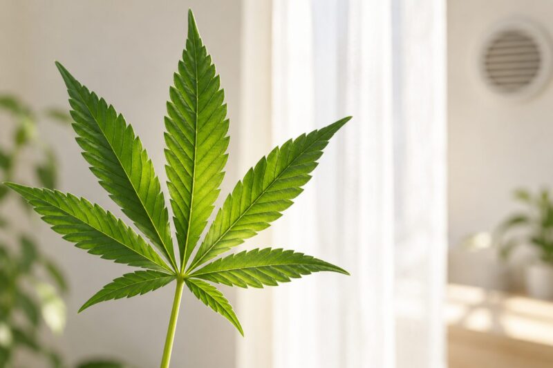 Hoja verde de cannabis con nervaduras visibles en un interior luminoso