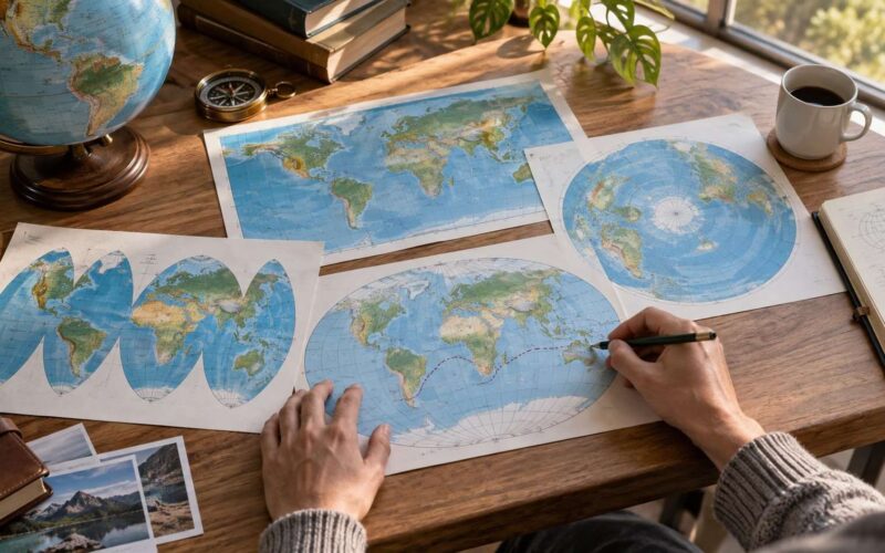 Persona comparando varias proyecciones del mapamundi sobre una mesa con un globo