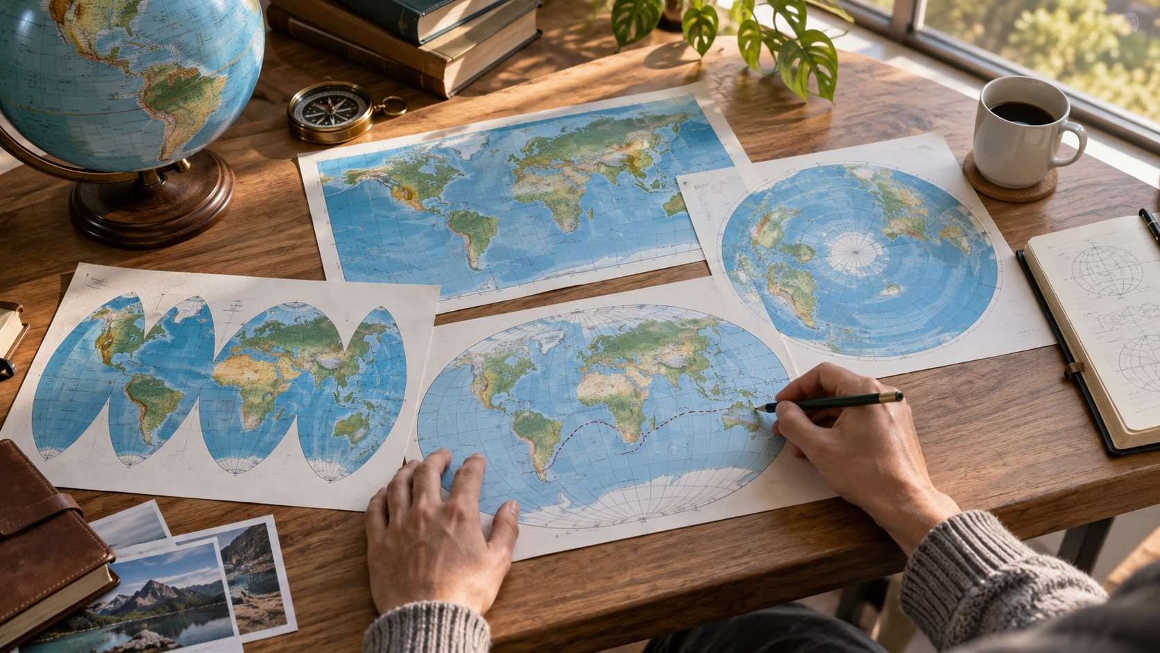 Persona comparando varias proyecciones del mapamundi sobre una mesa con un globo